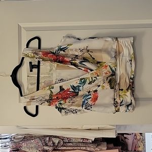 WHBM floral surplice top, smocked stretchy waist, button neck closure